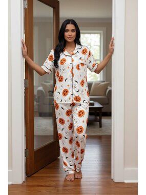 Pumpkin Ghost Button-Down Short Sleeve Set Lounge Pant Matching Halloween Pajama